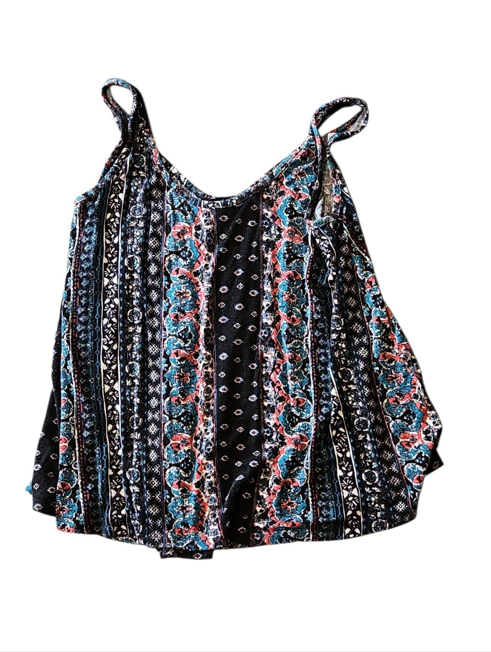 Boho Printed Strappy Tank Top - Black with Blue & Pink Floral Pattern Size Small